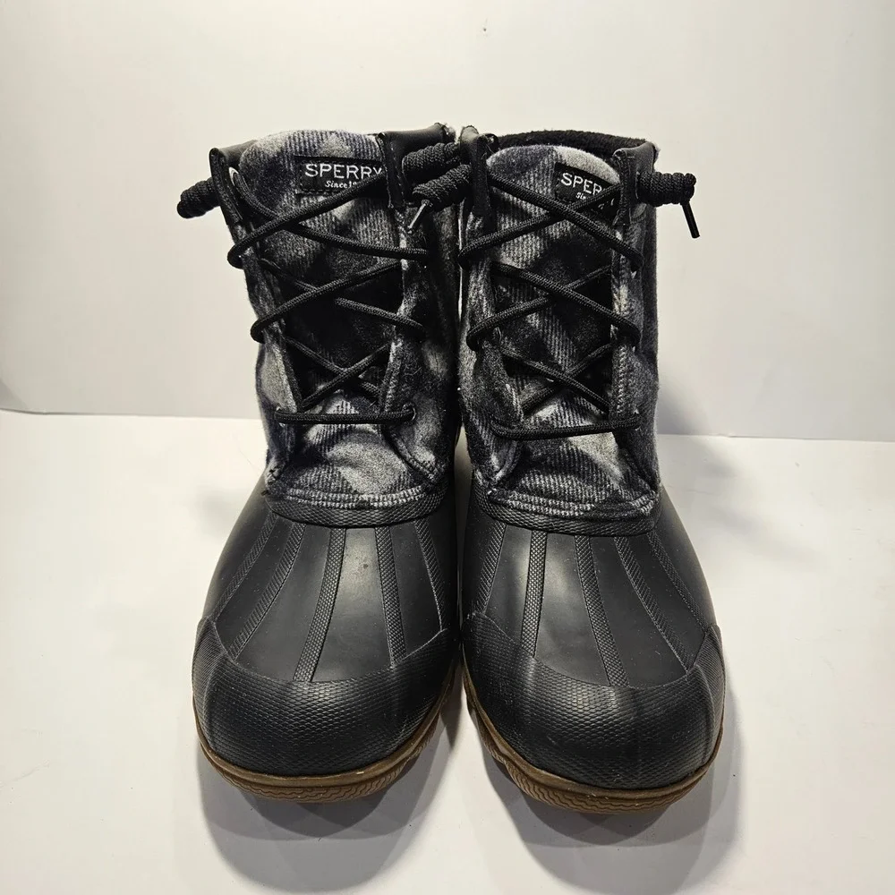 Sperry Syren Saltwater Duck Boots Womens 8 Black Grey‎ Buffalo Plaid Waterproof